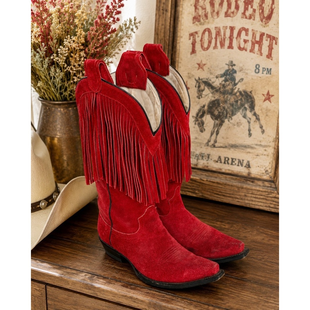 Lane Boots Cowgirl Women's 8.5 Red Suede Western Fringe Tassels Rodeo